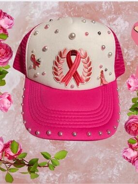 Pink Pearl Embellished Breast Cancer Awareness Trucker Hat